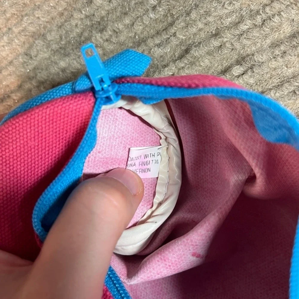 Lillian Vernon Pink Canvas Barrel Pencil Case Blue Trim Zipper Pouch Organizer